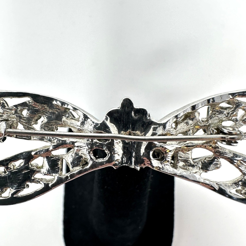 Vintage Dragonfly Brooch Aurora Borealis Rhinestone Art Glass Silver Tone - Picture 7 of 10